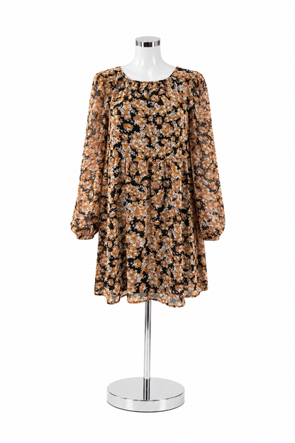 Sanctuary Floral Long Sleeve V-Neck Mini Dress Black Burnt Orange Pink Size S NWT
