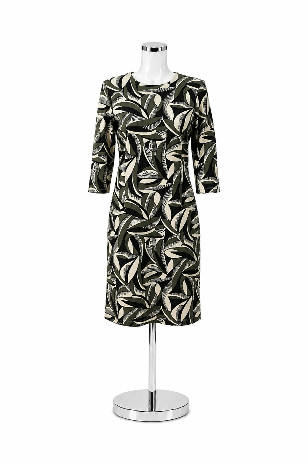 J. McLaughlin Leaf Print 3/4 Sleeve Shift Dress Tan Olive Green | Size Small