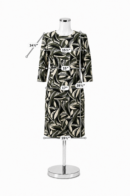 J. McLaughlin Leaf Print 3/4 Sleeve Shift Dress Tan Olive Green | Size Small