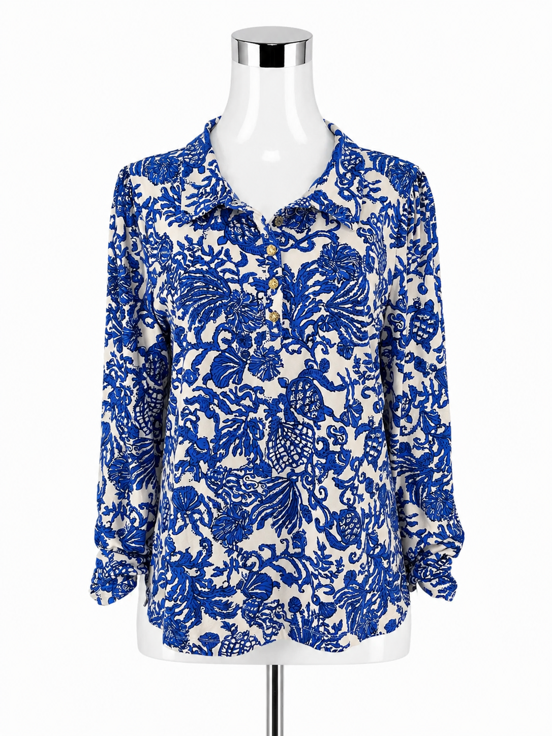 Lilly Pulitzer Blue &amp; White Print Long Sleeve Tunic Top | Size XL