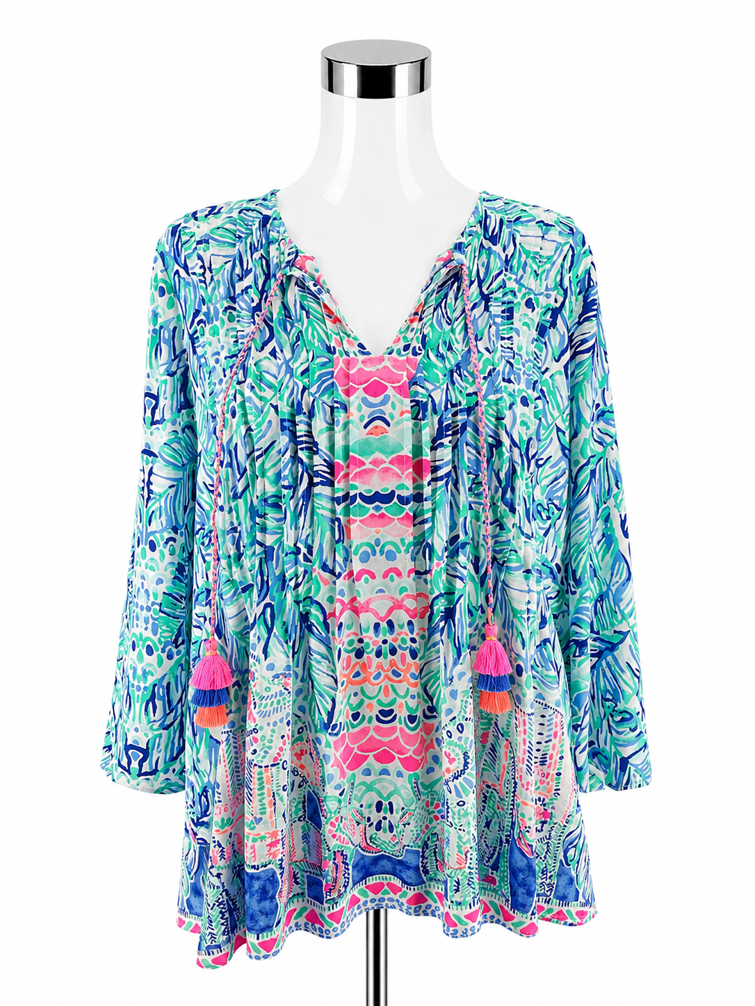 Lilly Pulitzer Tatum Tunic Top Multi Chin Chin Print V-Neck Tassel Blouse Size Large