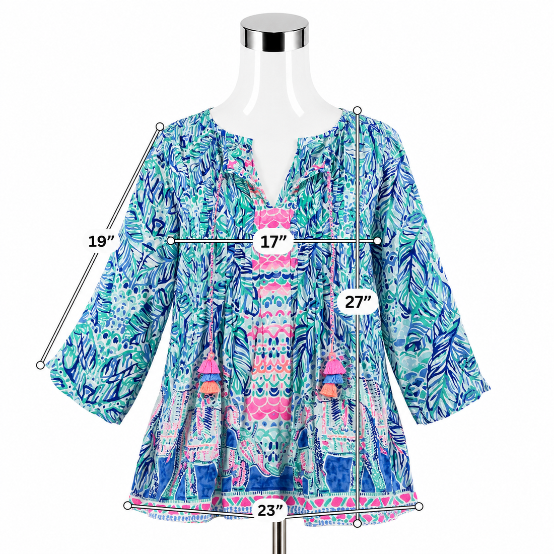 Lilly Pulitzer Tatum Tunic Top Multi Chin Chin Print V-Neck Tassel Blouse Size Large