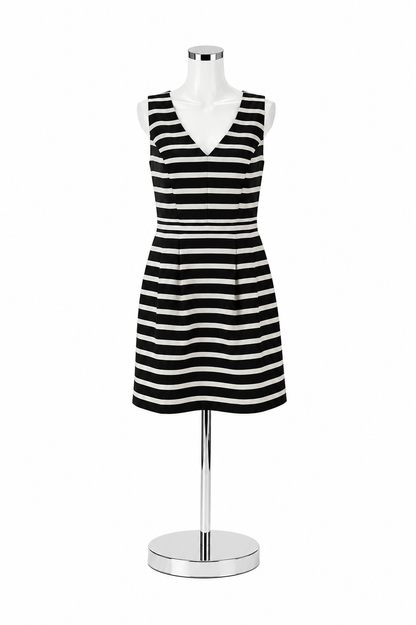 J. Crew V-Neck Stripe A-Line Dress Black Silver Sleeveless Size 6