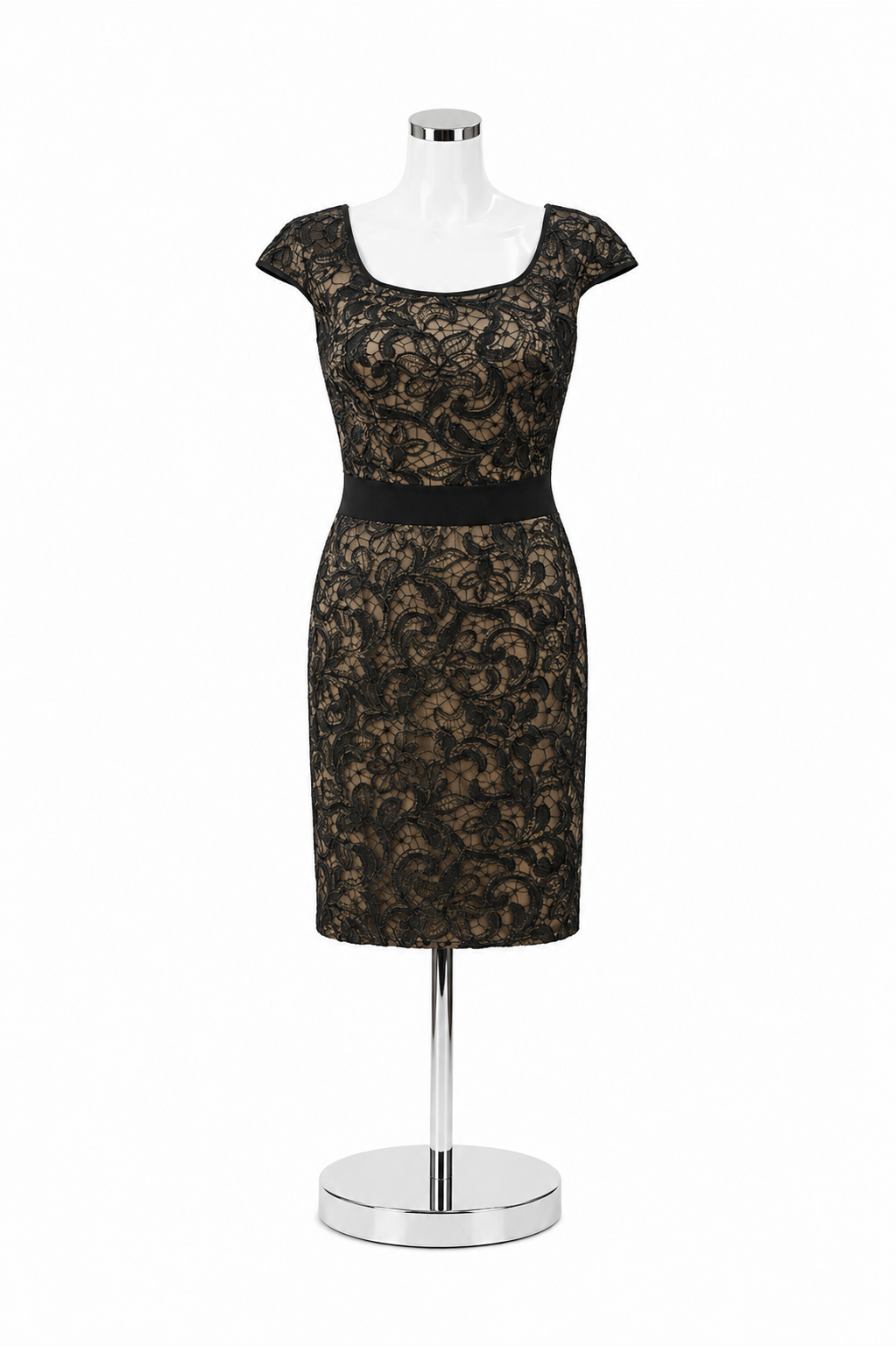 Tadashi Shoji Black &amp; Tan Floral Lace Cap Sleeve Sheath Dress Size 6