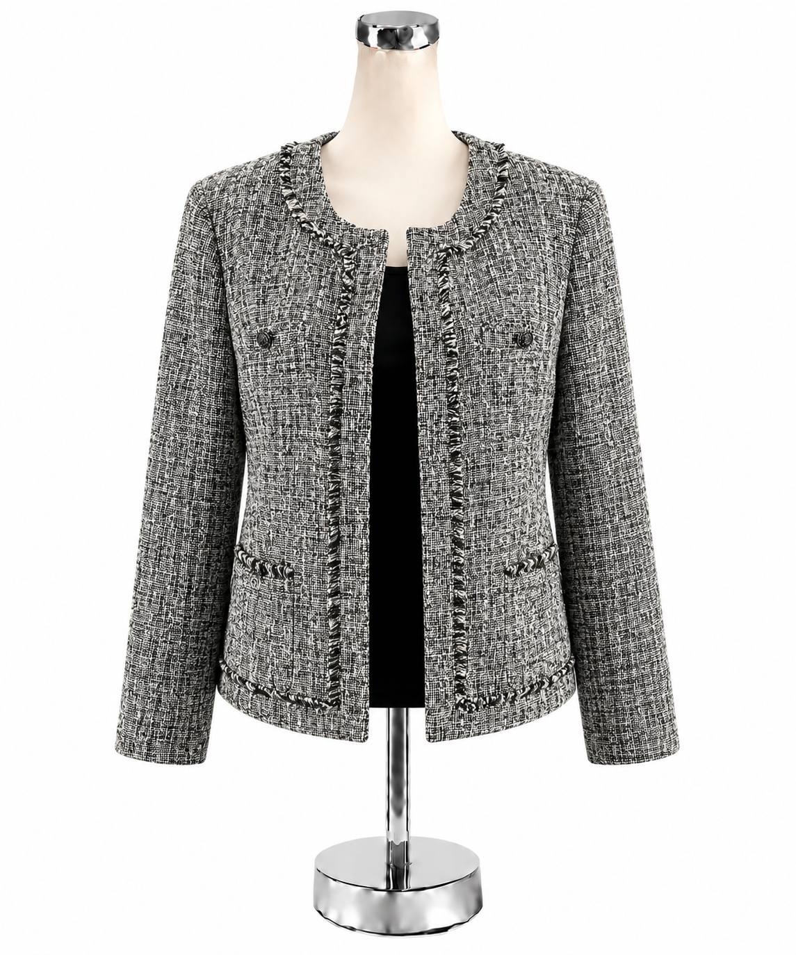 Karl Lagerfeld Paris Black &amp;amp; White Tweed Fringe Trim Bouclé Jacket Size 10