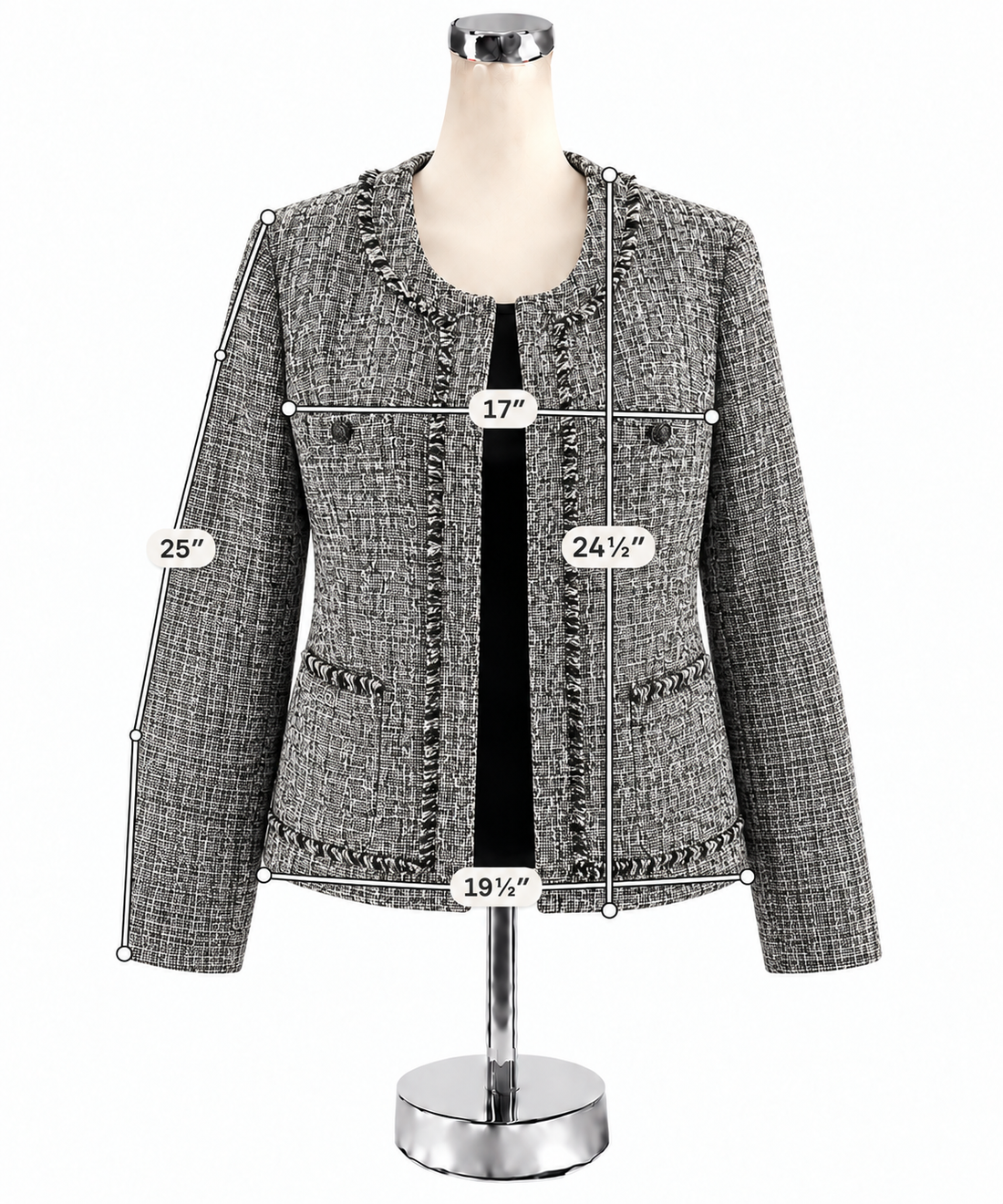 Karl Lagerfeld Paris Black &amp;amp; White Tweed Fringe Trim Bouclé Jacket Size 10