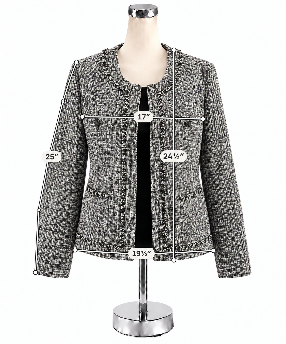 Karl Lagerfeld Paris Black &amp;amp; White Tweed Fringe Trim Bouclé Jacket Size 10