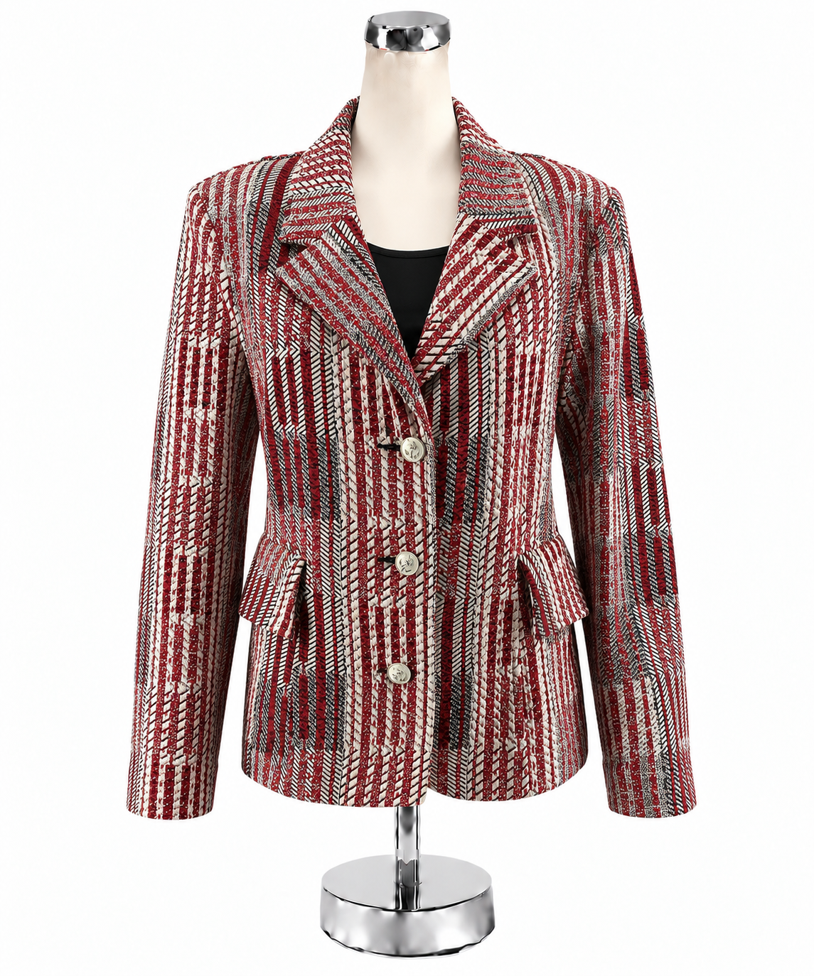 cabi Tuxedo Blazer Red Black White Stripe Boucle Jacket Size Large