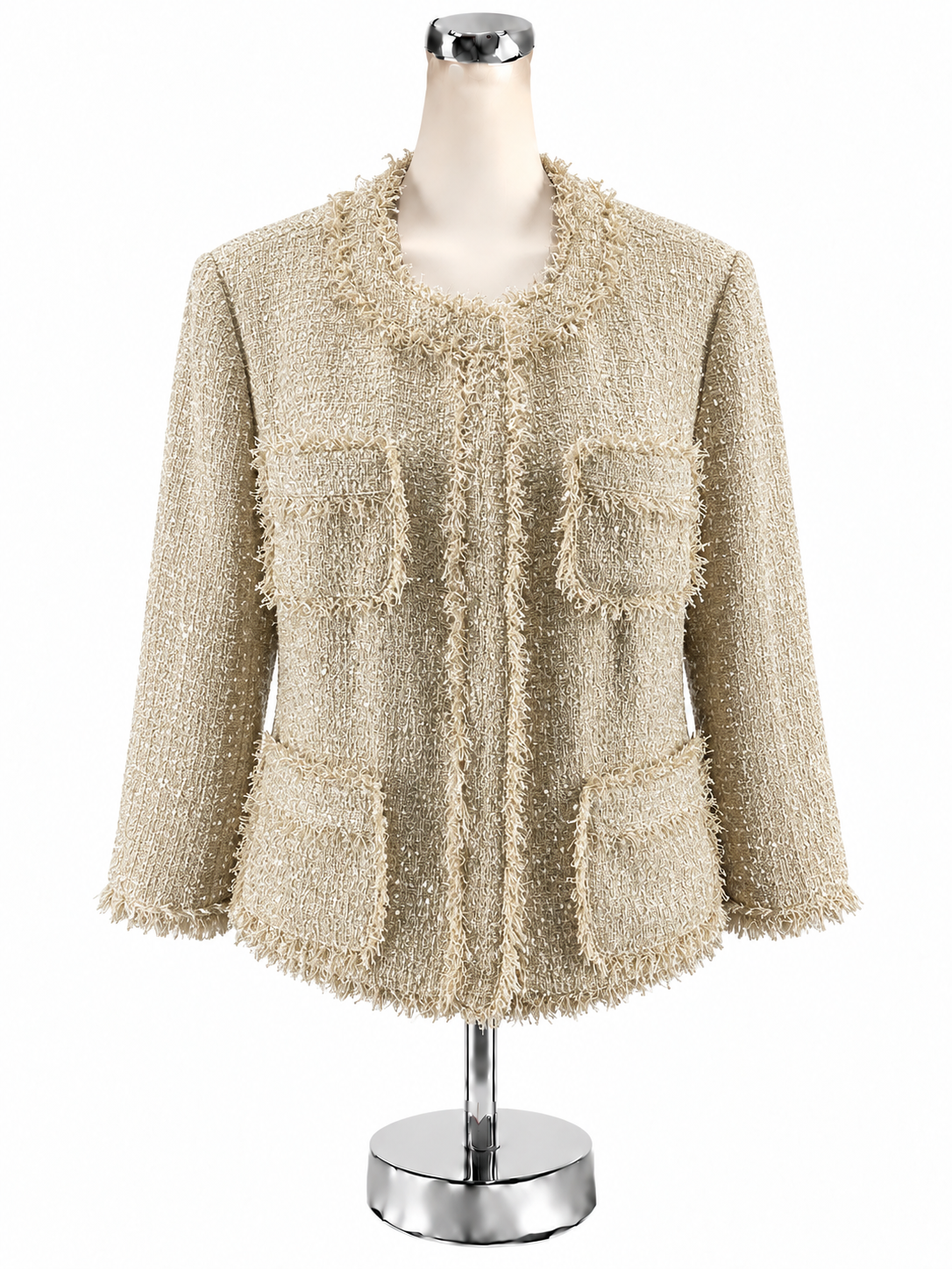 MICHAEL Michael Kors Fringe-Trim Metallic Tweed Jacket Cream Size 14 NWT