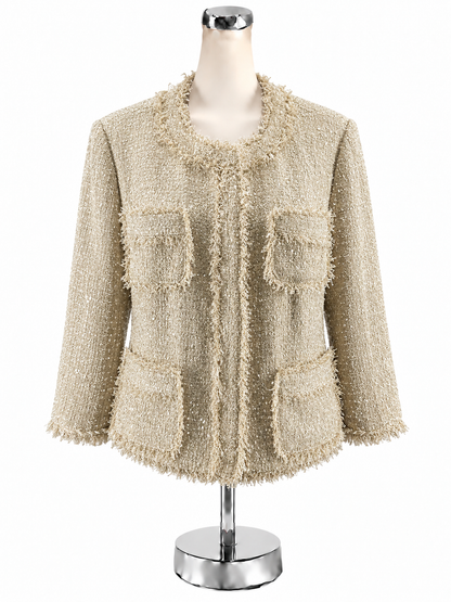 MICHAEL Michael Kors Fringe-Trim Metallic Tweed Jacket Cream Size 14 NWT