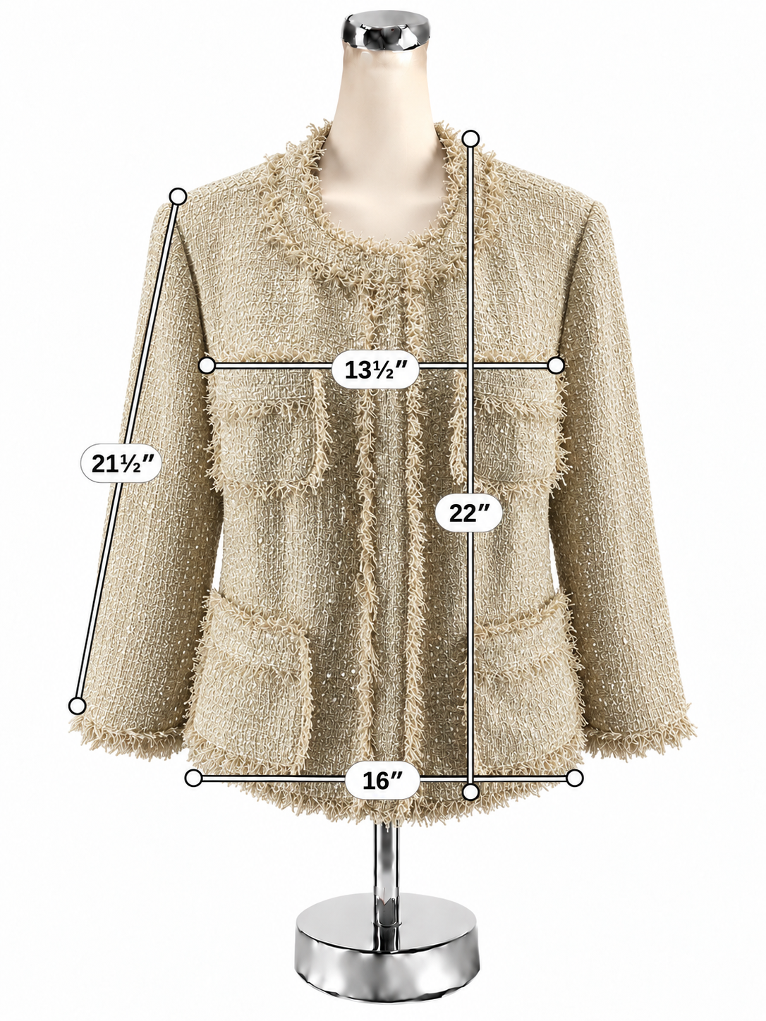 MICHAEL Michael Kors Fringe-Trim Metallic Tweed Jacket Cream Size 14 NWT