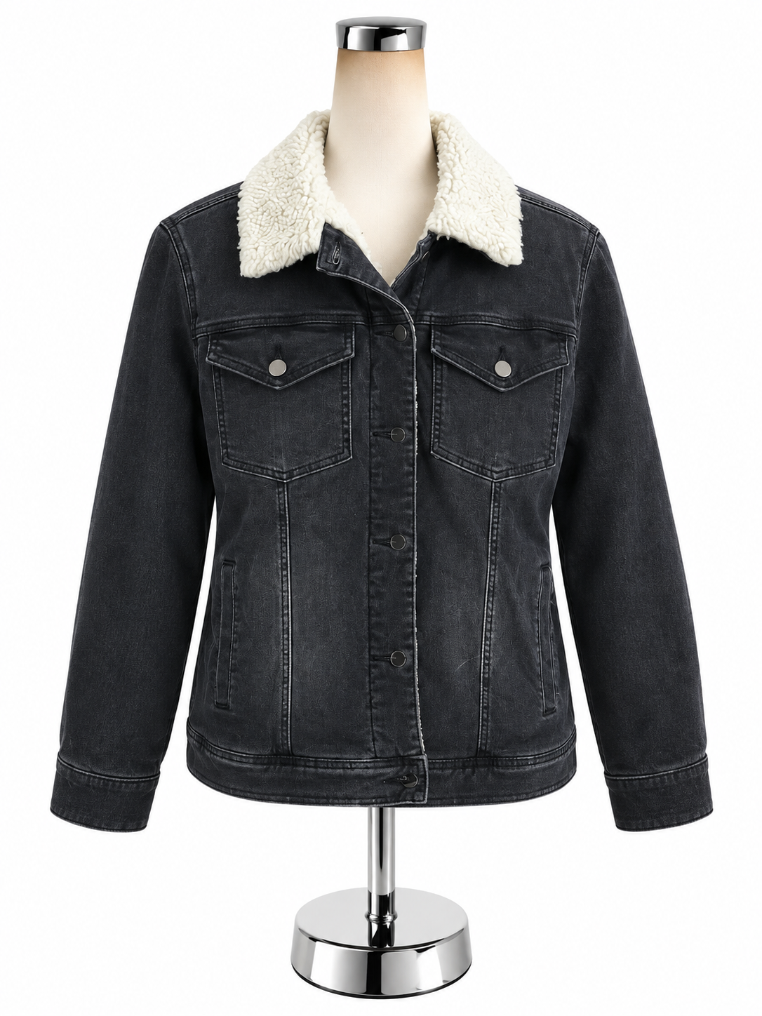 Sanctuary Hero Sherpa Lined Denim Trucker Jacket Washed Black Size Medium