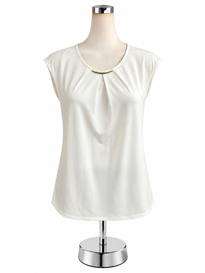 Kasper Pleated Metal Bar Cap Sleeve Blouse Top Ivory Cream Size Medium - ONLINE ONLY