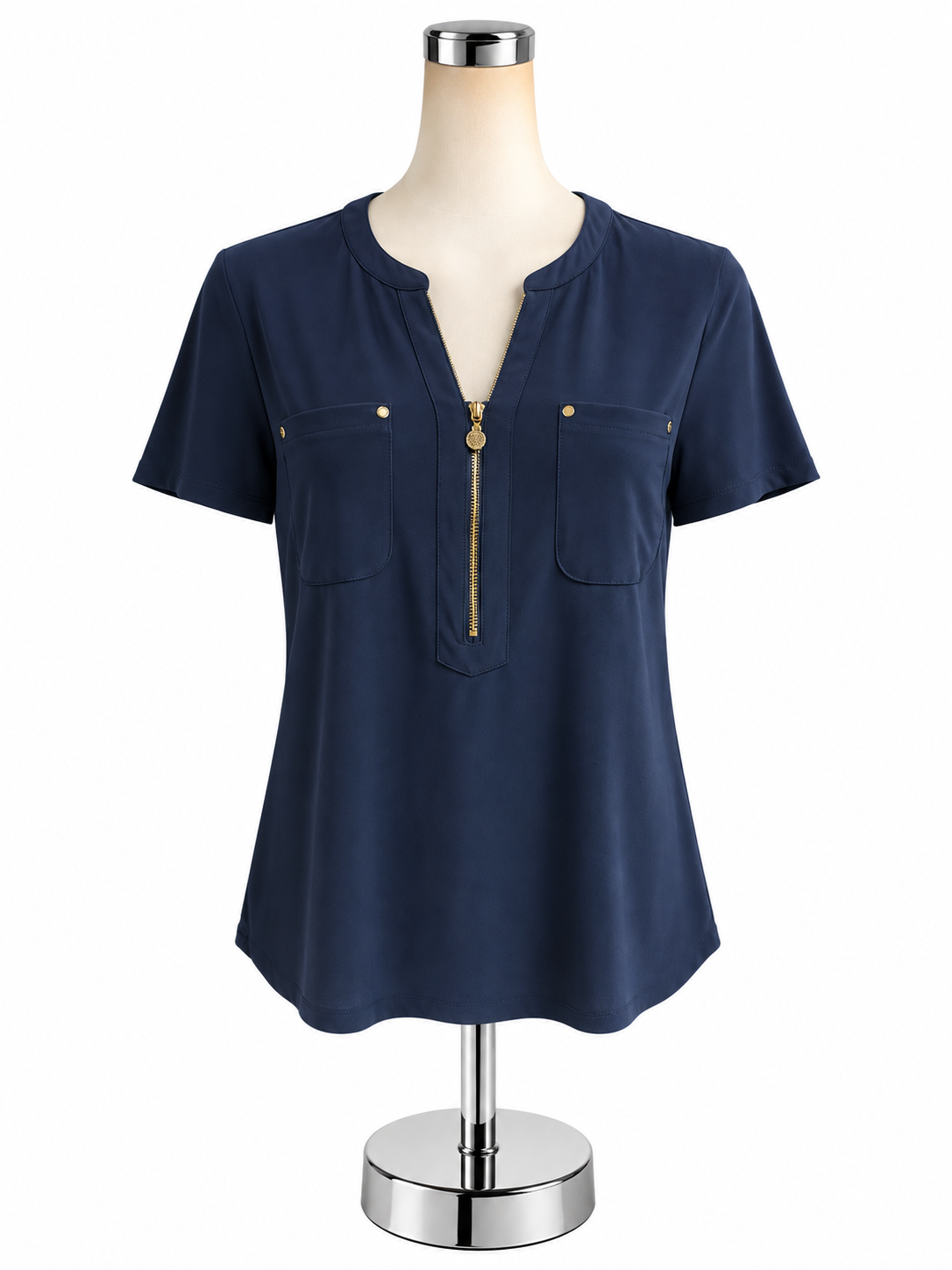 Anne Klein Navy Blue Gold Zip Short Sleeve Top Blouse Size Medium - ONLINE ONLY
