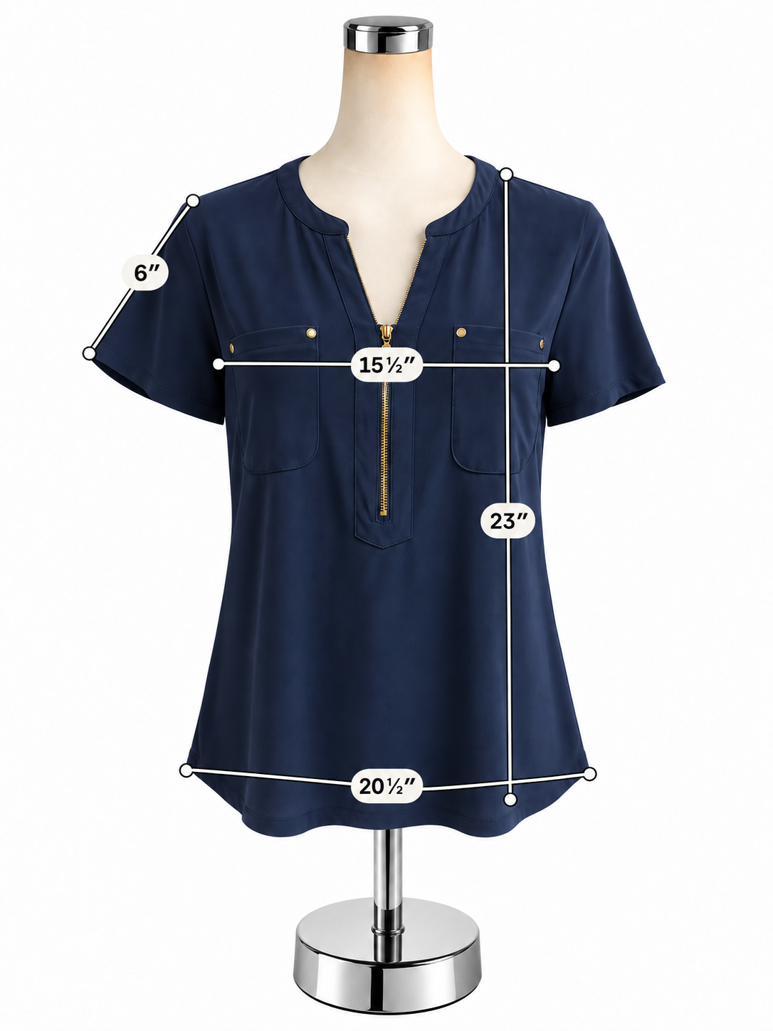 Anne Klein Navy Blue Gold Zip Short Sleeve Top Blouse Size Medium - ONLINE ONLY