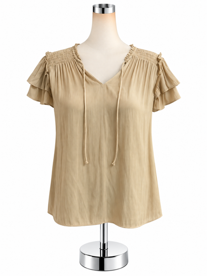 Rachel Zoe Smocked Yoke Tie-Neck Blouse Tan Bronze Flutter Sleeve Top Size Medium - ONLINE ONLY