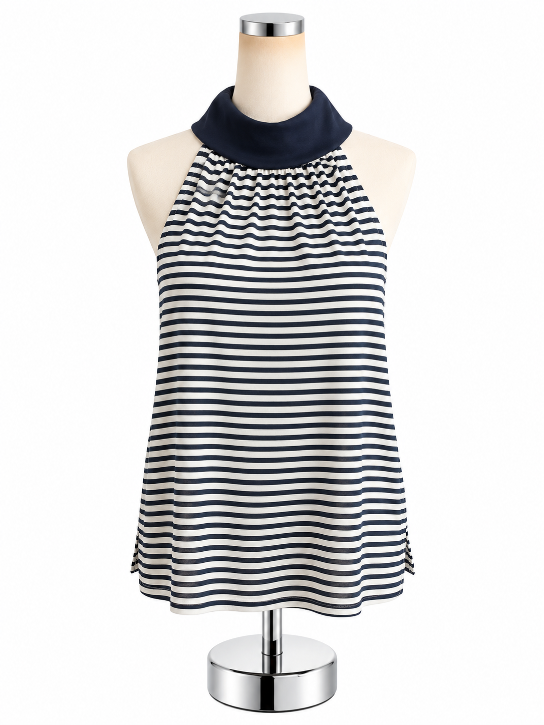 Sail to Sable Striped Funnel Neck Sleeveless Top Navy White Gold Buttons Small - ONLINE ONLY