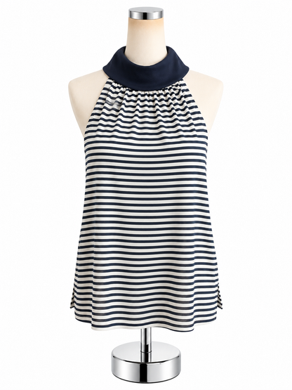 Sail to Sable Striped Funnel Neck Sleeveless Top Navy White Gold Buttons Small - ONLINE ONLY