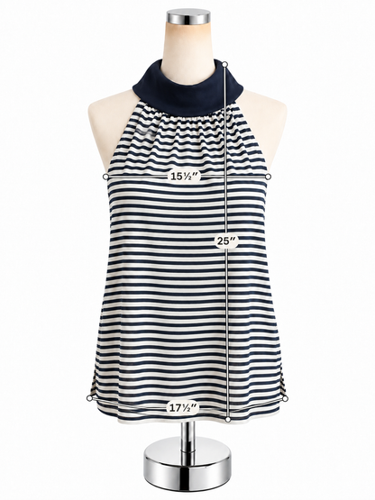 Sail to Sable Striped Funnel Neck Sleeveless Top Navy White Gold Buttons Small - ONLINE ONLY
