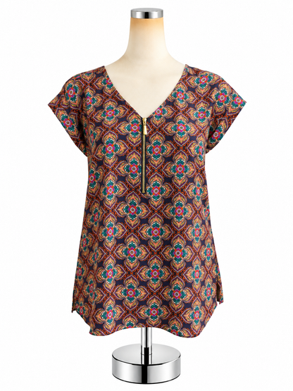 Express Medallion Print Zip V-Neck Blouse Top Size Small - ONLINE ONLY