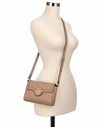 Tommy Hilfiger Tan Pebbled Faux Leather Turn-Lock Crossbody Bag
