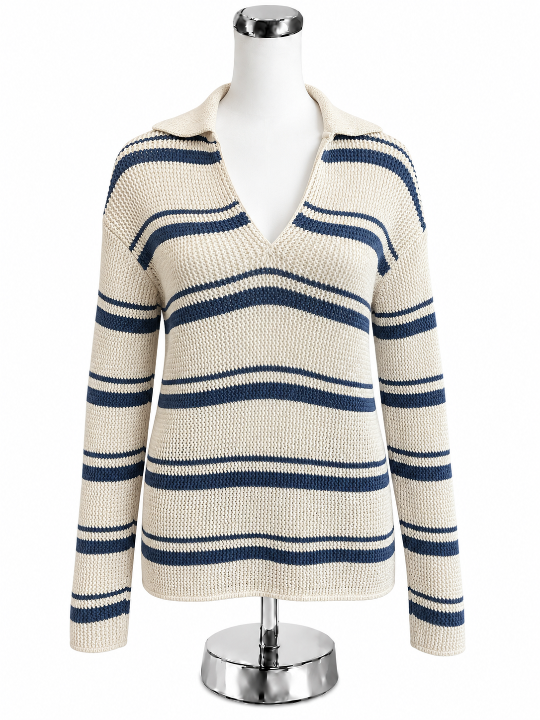 Vince Variegated Stripe Polo Sweater Womens Size Medium Ecru Blue Cotton Knit Top