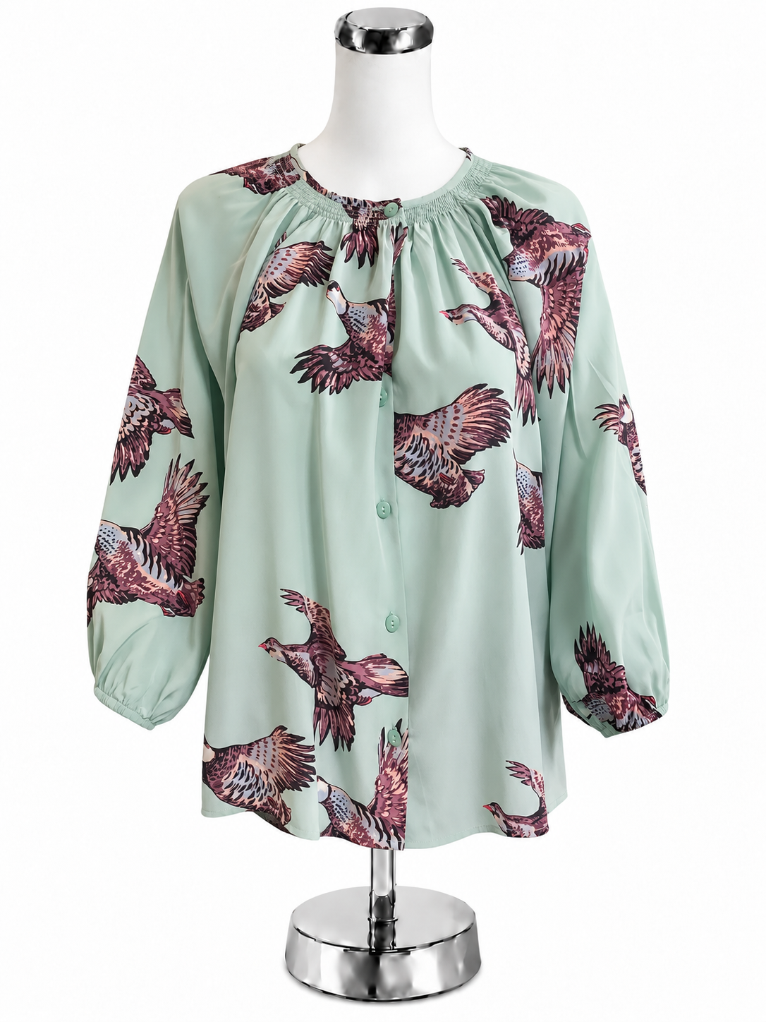 Tucker Bird Print 100% Silk Smocked Blouse | Size Medium