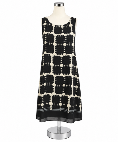 Max Studio Geometric Print A-Line Dress Sleeveless Panel Hem Black Ivory Size Small - ONLINE ONLY