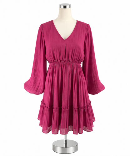 Jodiful Raspberry Pleated Tiered Long Sleeve Mini Dress Size Small - ONLINE ONLY