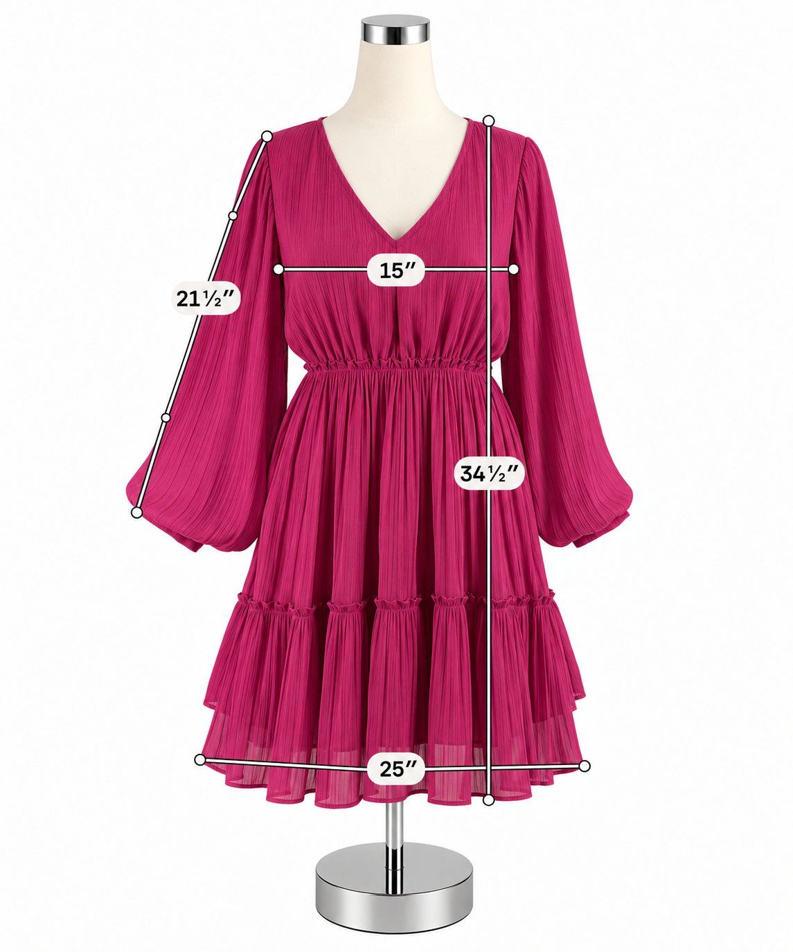 Jodiful Raspberry Pleated Tiered Long Sleeve Mini Dress Size Small - ONLINE ONLY