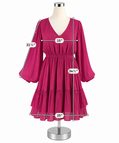 Jodiful Raspberry Pleated Tiered Long Sleeve Mini Dress Size Small - ONLINE ONLY