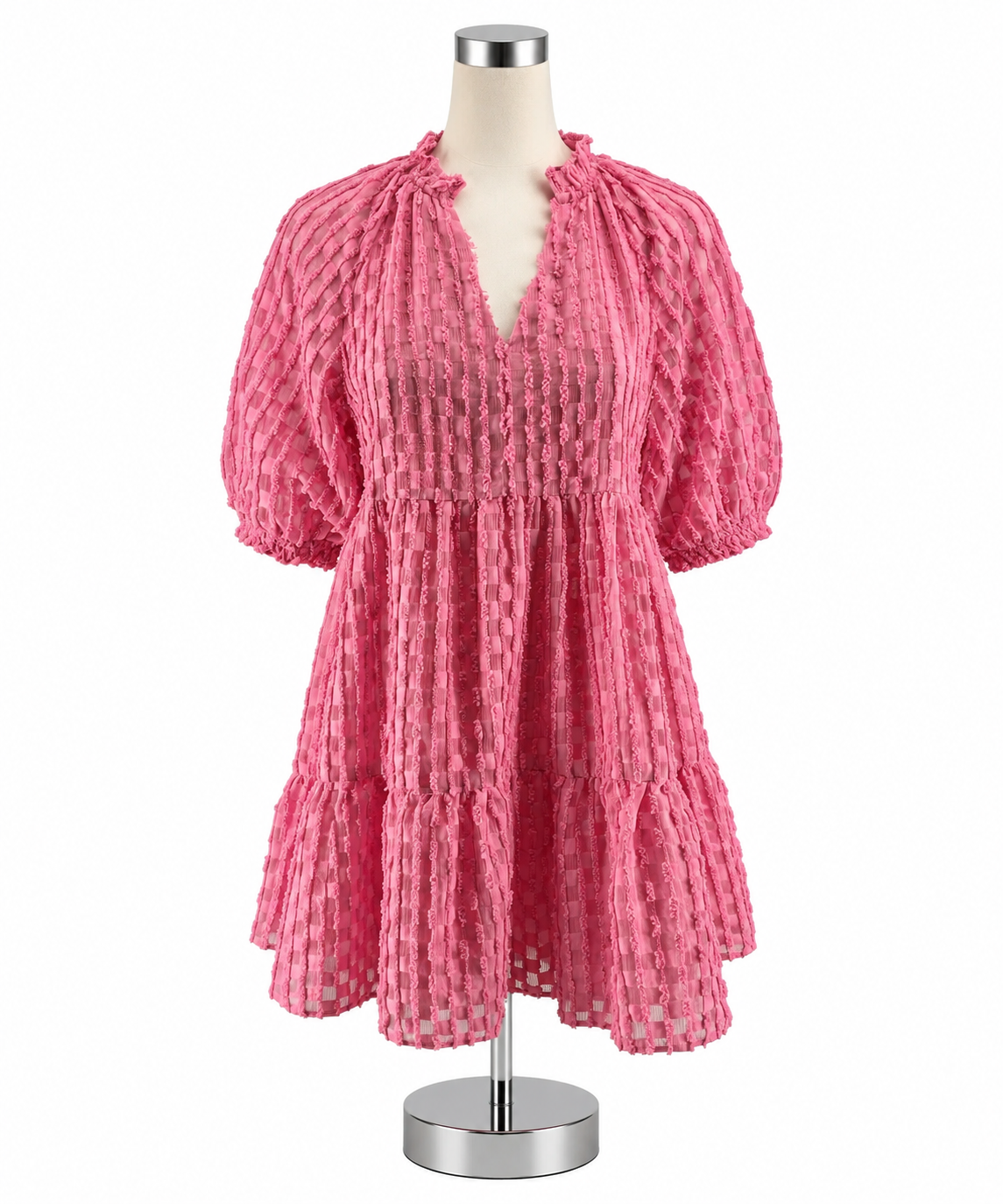 THML Pink Boucle Textured Puff Sleeve Babydoll Dress | Size XS