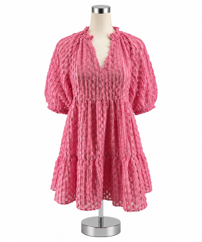 THML Pink Boucle Textured Puff Sleeve Babydoll Dress | Size XS