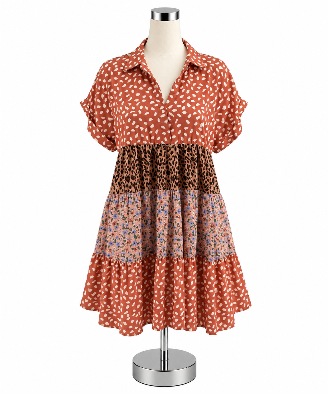 Umgee USA Mixed Print Tiered Babydoll Mini Dress Salmon Floral Leopard Size Small