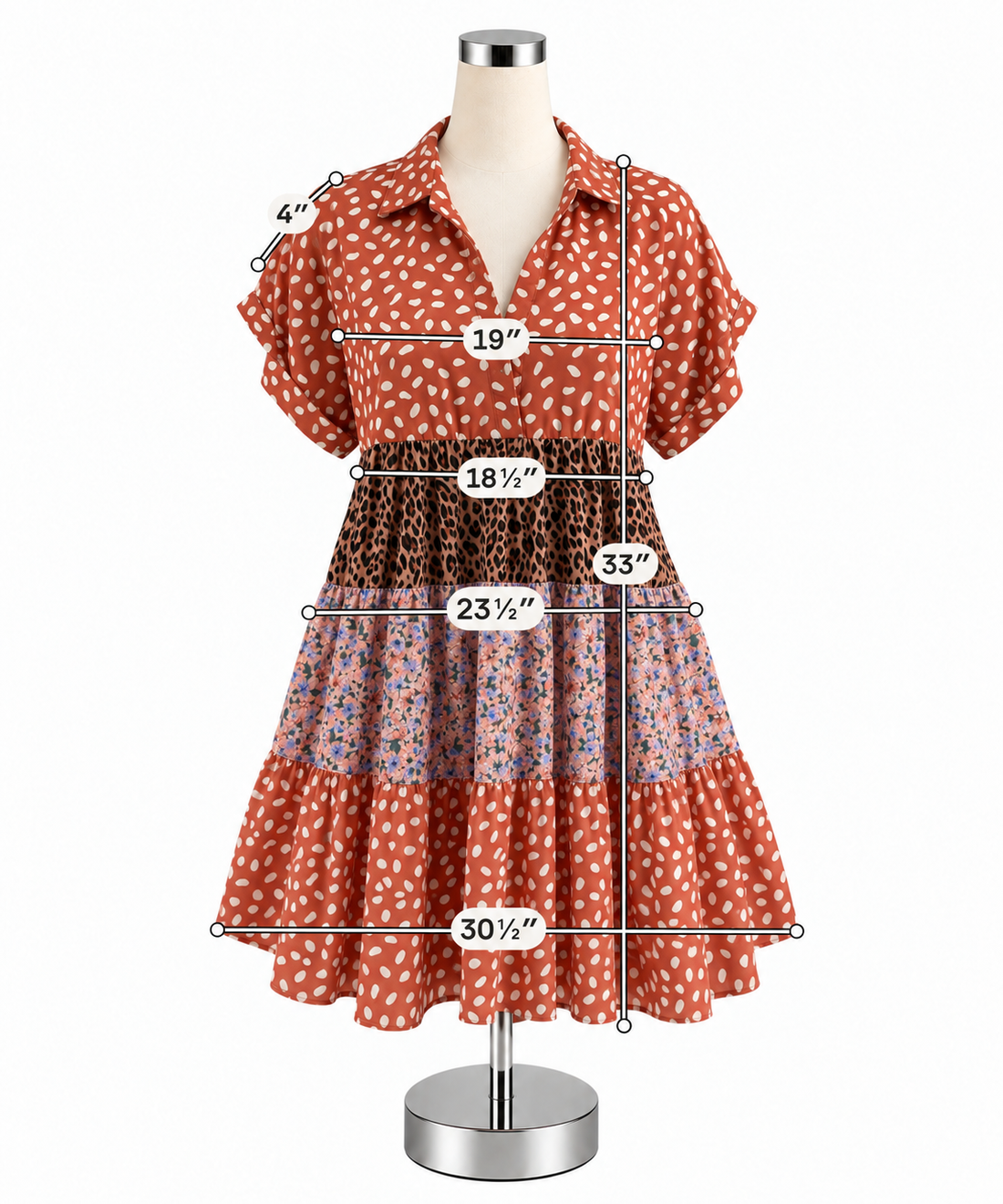 Umgee USA Mixed Print Tiered Babydoll Mini Dress Salmon Floral Leopard Size Small