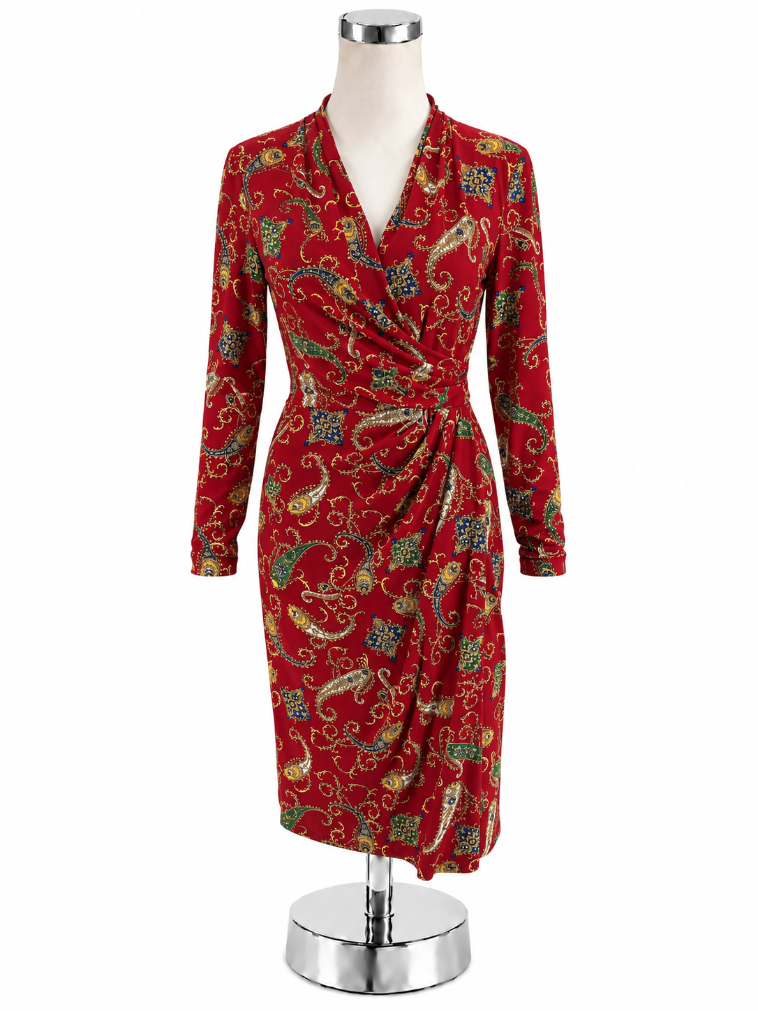 Lauren Ralph Lauren Red Paisley Faux Wrap Jersey Dress Size 2