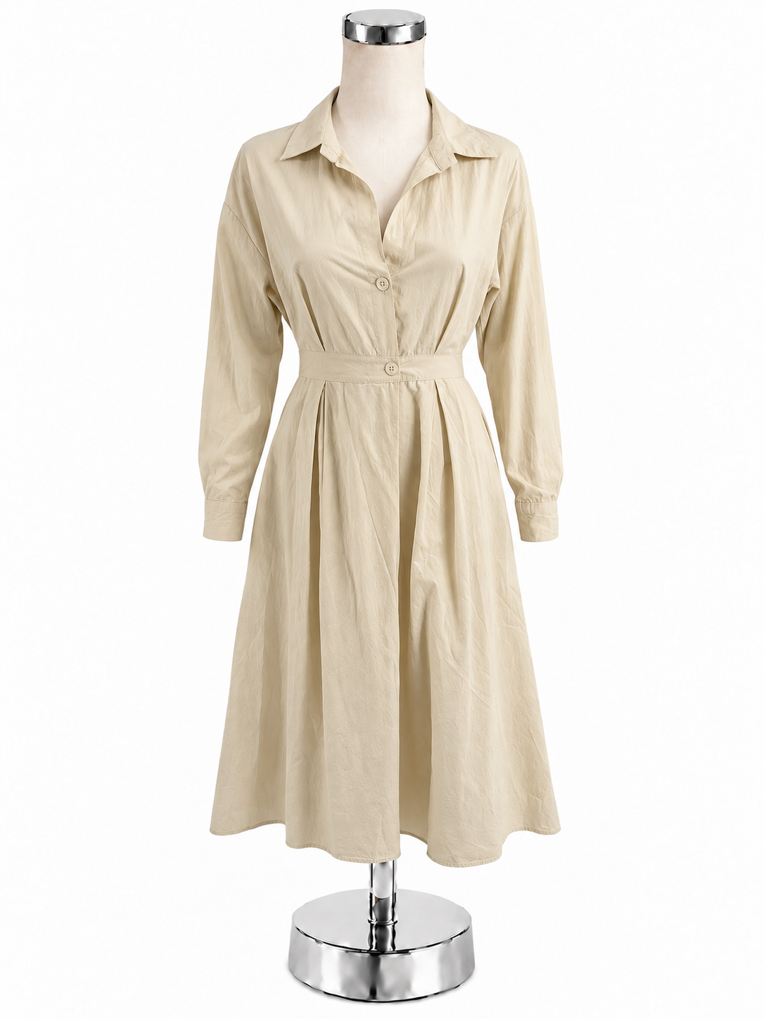 Cream Cotton Long Sleeve Belted Midi Shirt Dress Size Small