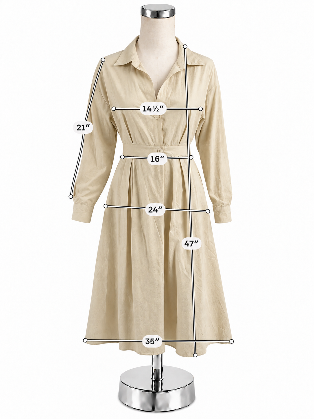 Cream Cotton Long Sleeve Belted Midi Shirt Dress Size Small