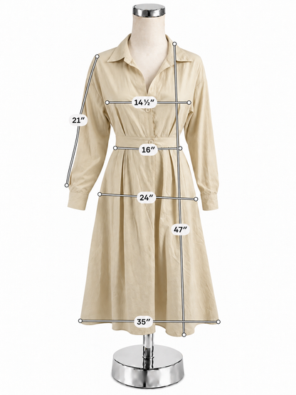 Cream Cotton Long Sleeve Belted Midi Shirt Dress Size Small