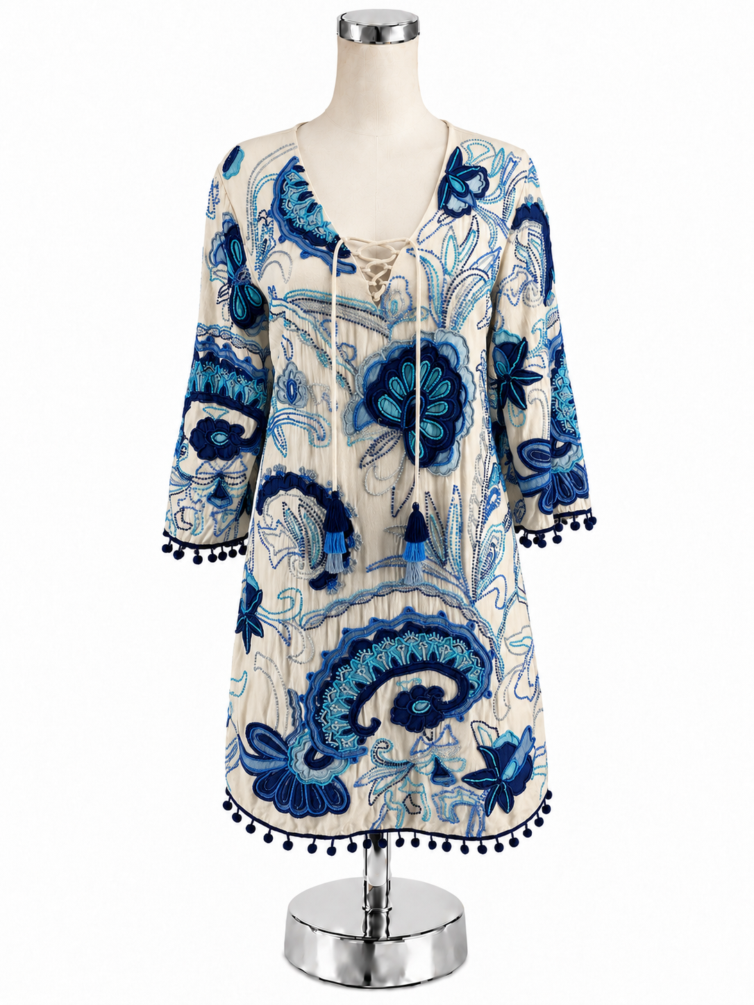 Boston Proper Boho Embroidered Tassel Tie Tunic Dress Size XS