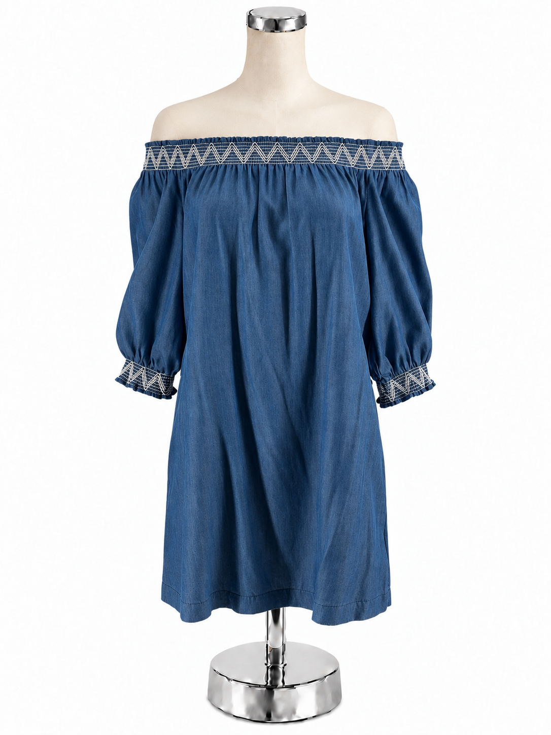 Trina Turk Corina Off-The-Shoulder Chambray Dress Blue White Smocked Size Small