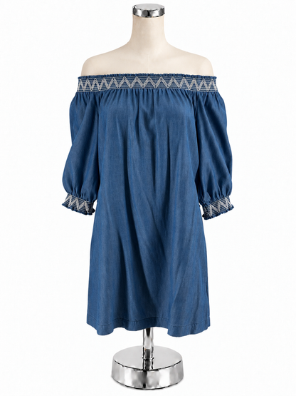 Trina Turk Corina Off-The-Shoulder Chambray Dress Blue White Smocked Size Small