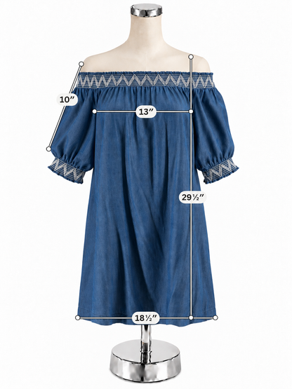 Trina Turk Corina Off-The-Shoulder Chambray Dress Blue White Smocked Size Small