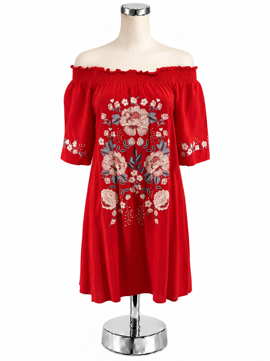 Chelsea &amp; Violet Red Floral Embroidered Off-Shoulder Dress | Size XS