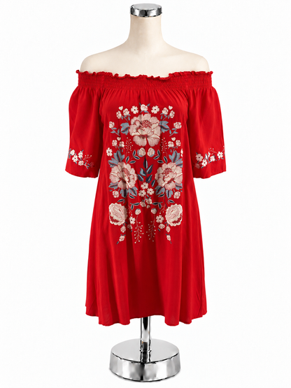 Chelsea &amp; Violet Red Floral Embroidered Off-Shoulder Dress | Size XS