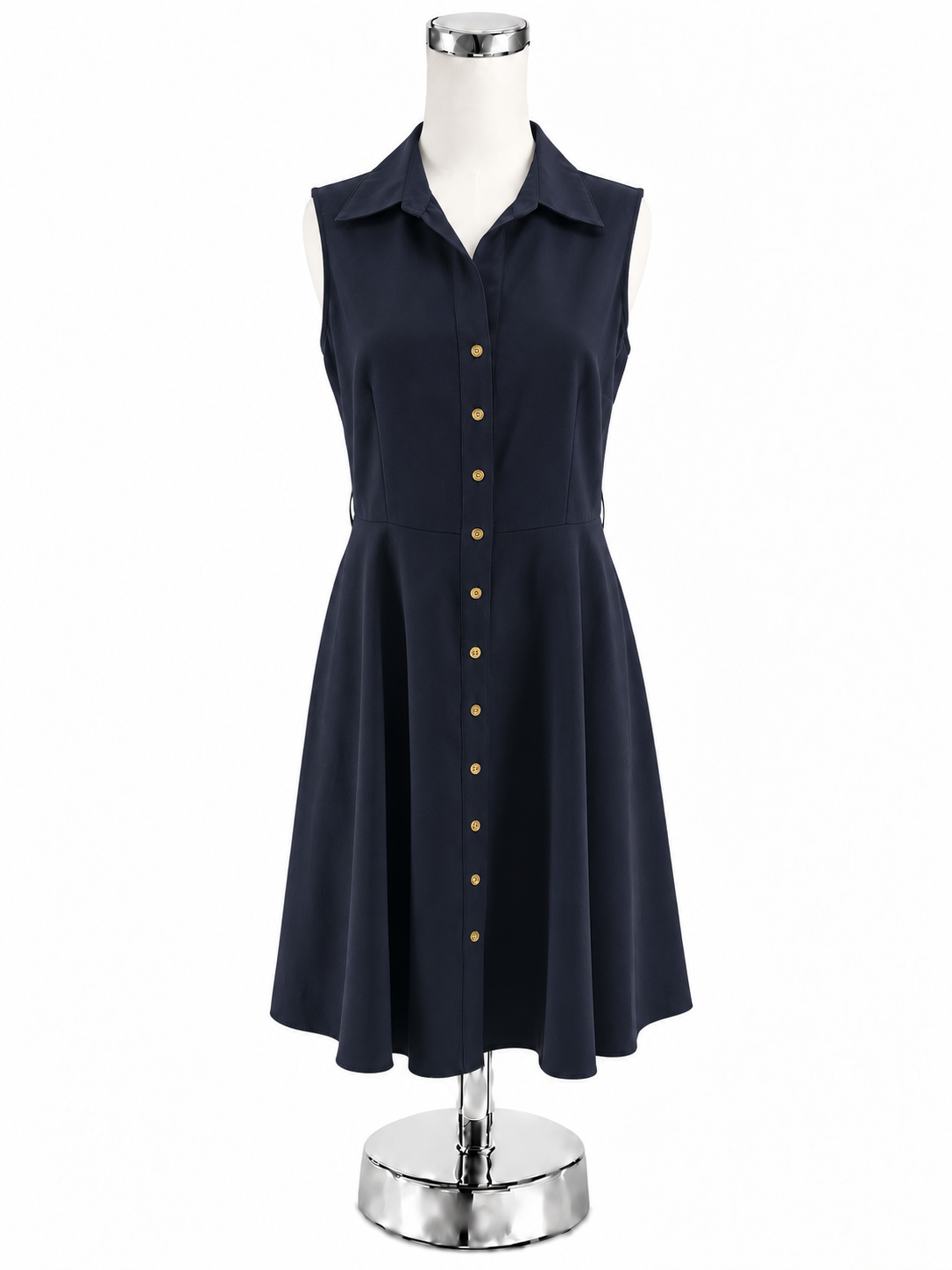 Sharagano Petite Navy Blue Sleeveless Collared A-Line Shirtdress Size 8P