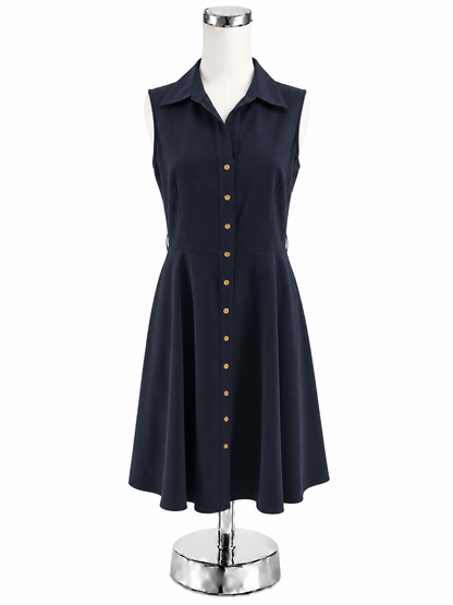 Sharagano Petite Navy Blue Sleeveless Collared A-Line Shirtdress Size 8P