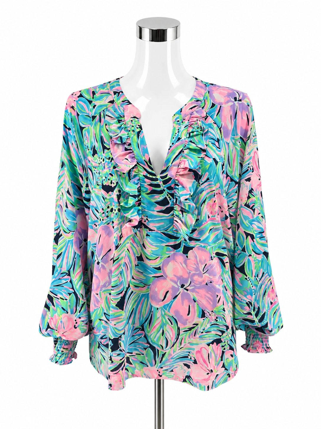 Lilly Pulitzer Willa Ruffle Tunic Top Deep Sea Navy Lucky Catch Size Large