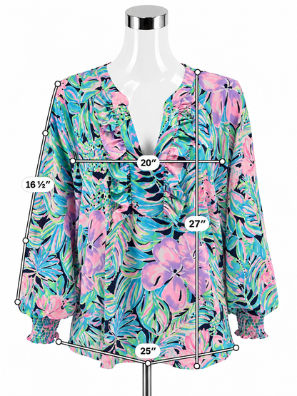 Lilly Pulitzer Willa Ruffle Tunic Top Deep Sea Navy Lucky Catch Size Large