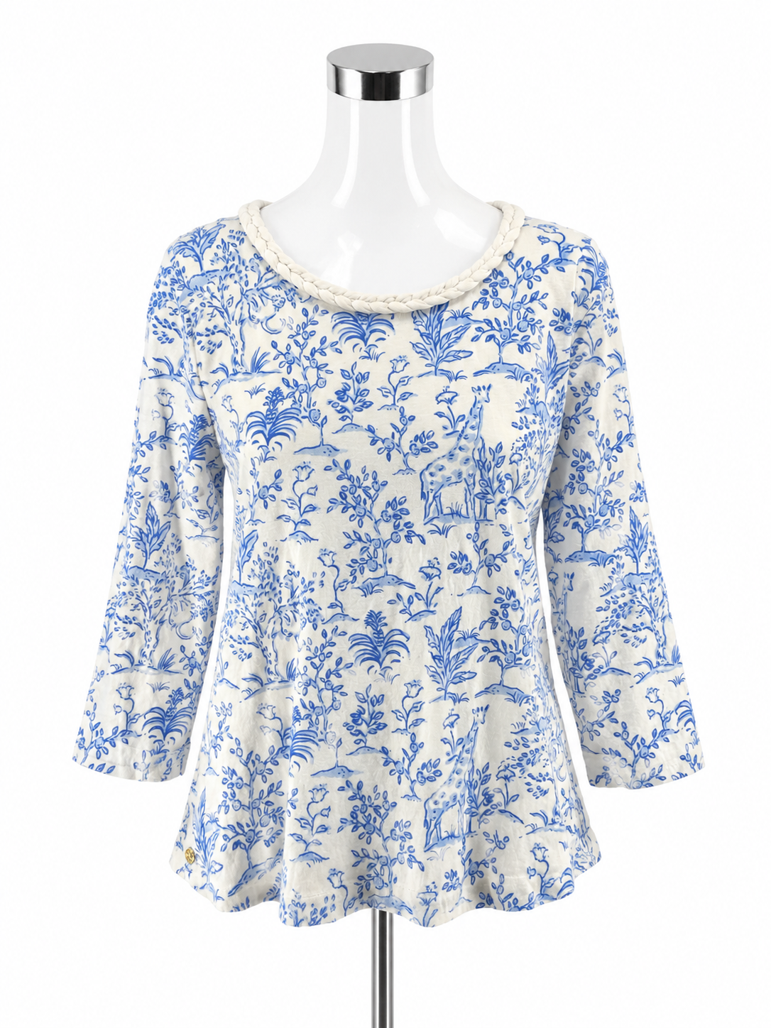 Lilly Pulitzer Marlowe Top XL Toile Me About It Giraffe Print Braided Neckline